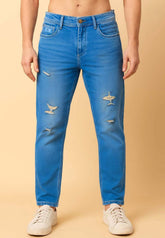 Men's Distressed Blue Denim Jeans – Stylish Slim Fit Ripped Design